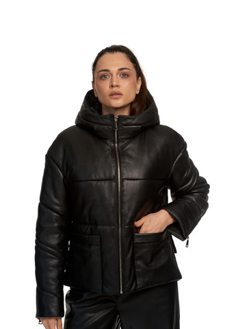 Черная демисезонная женская натуральная утепленная кожаная куртка пуховик с капюшоном весна осень зима fb-3 черная Actors