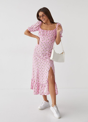 Розовое откровенный длинное цветочное платье с оборкой - розовый Hot Fashion