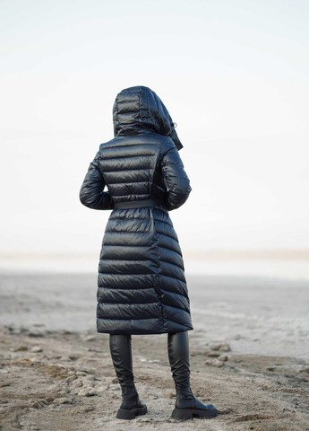 Темно-синее зимнее Женское зимнее длинное пальто 11688 Fodarlloy