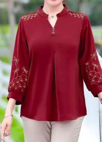 Бордовая демисезонная блуза женская с оригинальной вишивкой No Brand