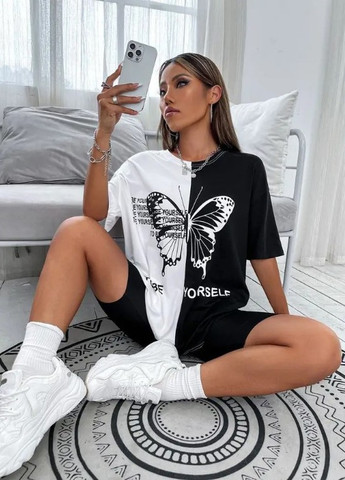 Черно-белая летняя двухцветная футболка с коротким рукавом Fashion Girl Butterfly