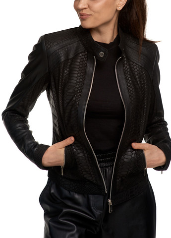 Чорна демісезонна жіноча шкіряна приталена класична куртка з пітоном натуральна шкіра. весна осінь демісезон fer-14 чорний Actors