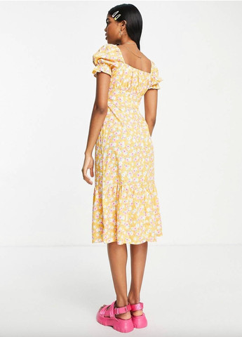 Желтое повседневный женское летнее платье миди желтое в цветочек 260623 а-силуэт Influence с цветочным принтом