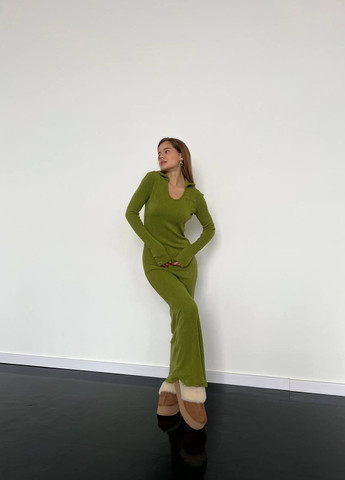 Оливковое кэжуал женское платье рубчик No Brand