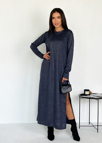 Темно-синее кэжуал стильное длинное платье прямого кроя с высокими разрезами INNOE однотонное
