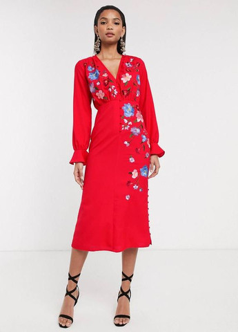 Алое праздничный, коктейльное, вечернее красное чайное платье на пуговицах с вышивкой design Asos с цветочным принтом