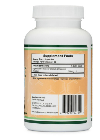 Ежовик гребенчатый Double Wood Lion's Mane Mushroom 500 mg, 120 capsules Double Wood Supplements (259296195)