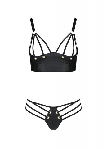 Черный комплект из экокожи alwia bikini, с люверсами и ремешками, бра, трусики Passion