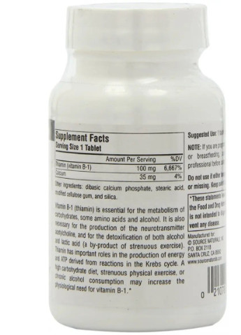 Vitamine B-1, Thiamin 100 mg 100 Tabs Source Naturals (256724404)