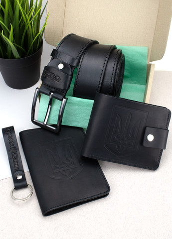 Подарочный мужской набор №76: портмоне + ремень + обложка на паспор + брелок (черный матовый) HandyCover (264032107)