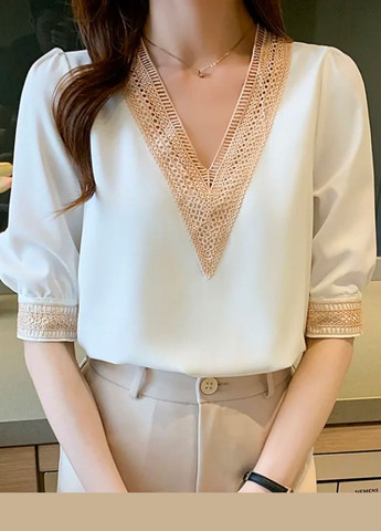 Белая блуза женская с кружевным декольте Surwenyue