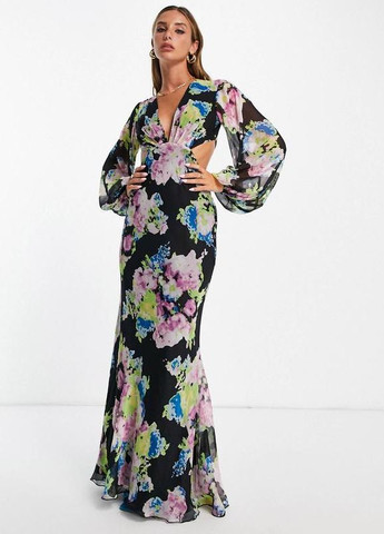 Комбінована сукня максі з об'ємними рукавами design з яскравим розмитим квітковим принтом Asos з квітковим принтом