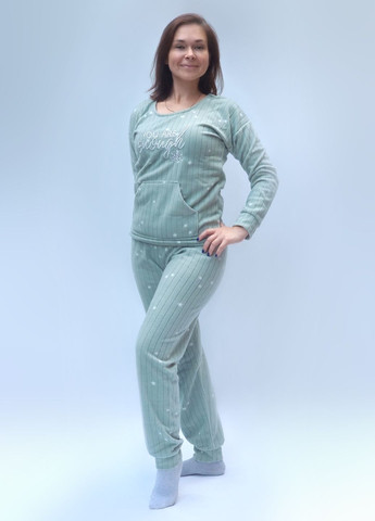 Оливковая зимняя флисовая женская пижама в рубчик свитшот + брюки Pijamoni