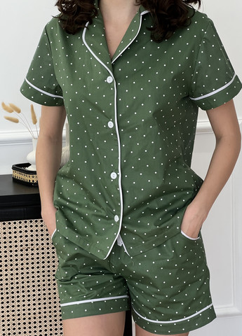 Зелена всесезон жіночий домашній комплект з сатину (шорти+сорочка) сорочка + шорти Cosy