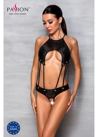Черный боди с открытым доступом tasmina body экокожа, шнуровки, ажурные кружева Passion