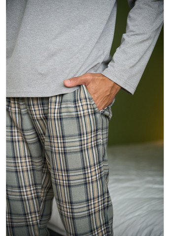 Пижама мужская лонгслив + штаны в клетку серые Handy Wear (278076143)
