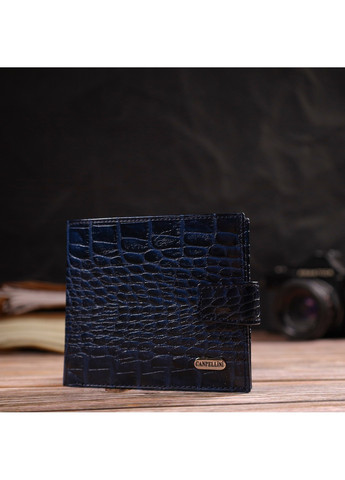 Стильний чоловічий гаманець горизонтального формату з натуральної шкіри з тисненням під крокодила 21758 Синій Canpellini (259815857)