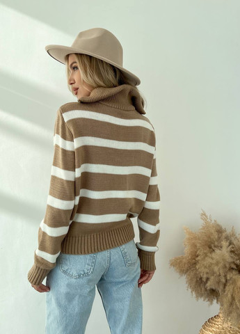 Жіночий светр вовняний в смужку з блискавкою бежевий з молочним р.42/46 396782 New Trend (258967622)
