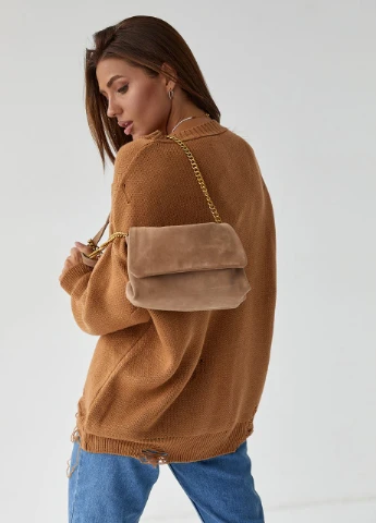 Жіночий кардиган рваної в'язки на гудзиках - коричневий Lurex (262810582)