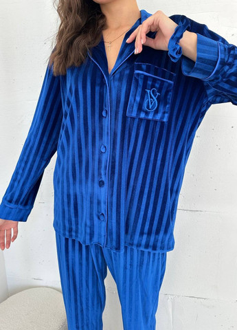 Синя всесезон ніжна піжамка з лого вс рубашка + брюки Vakko