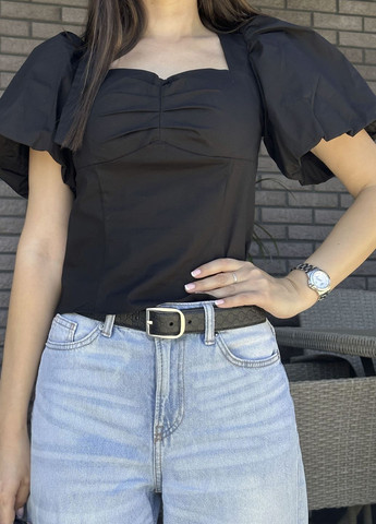 Черная летняя блуза женская черного цвета с коротким рукавом на запах Let's Shop