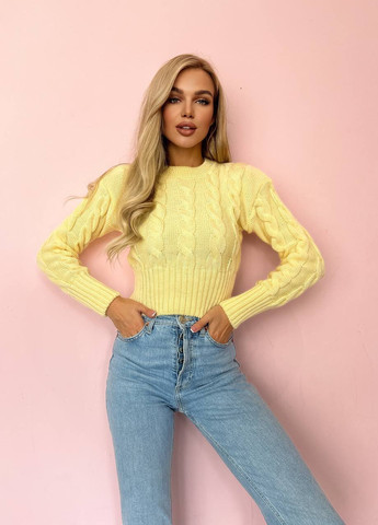 Жіночий светр укорочений з візерунком коси світло-жовтого кольору 396784 New Trend (258967735)