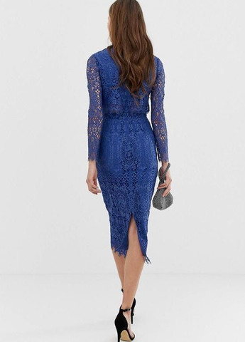 Синее праздничный, коктейльное, вечернее кружевное платье-футляр миди с длинными рукавами design Asos