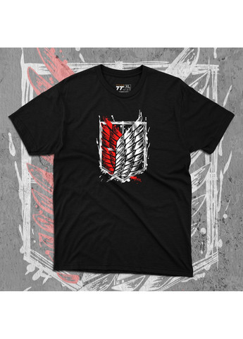 Черная футболка с принтом атака титанов - крылья свободы красные No Brand