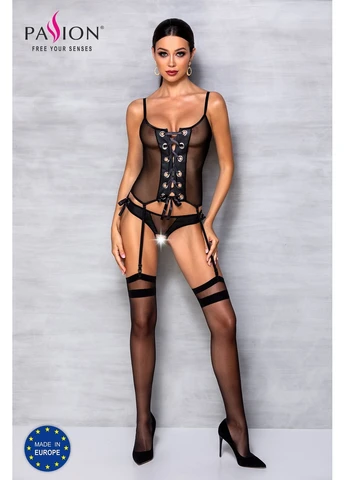 Чорний корсет зі шнурівкою nessy corset, стрінги з відкритим доступом, пажі для панч Passion