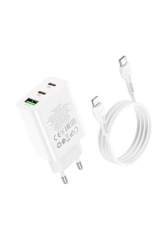 Сетевое зарядное устройство + кабель Type-C на Lightning с быстрой зарядкой на 3 порта (1USB/2Type-C, QC/PD, 20W, 3A) Hoco c99a (259368435)