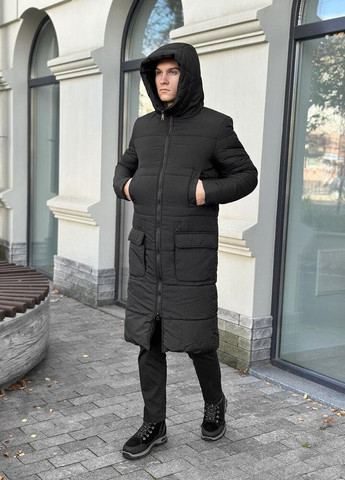 Черная зимняя очень теплая двухслойная длинная куртка Vakko