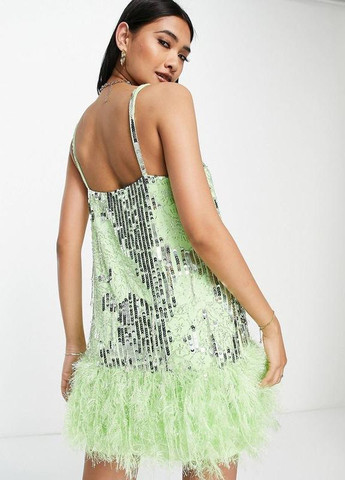 Салатовое платье мини с искусственными перьями Asos