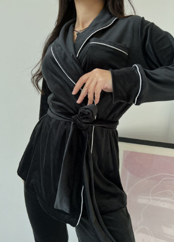 Черная всесезон пижама велюровая кофта + брюки popluzhnaya