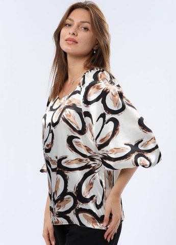 Комбинированная демисезонная атласная блуза с вырезом каре и объемными рукавами 1309 Cat Orange