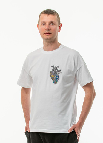 Белая унисекс футболка оверсайз с вышивкой "стальное сердце" с коротким рукавом VINCA