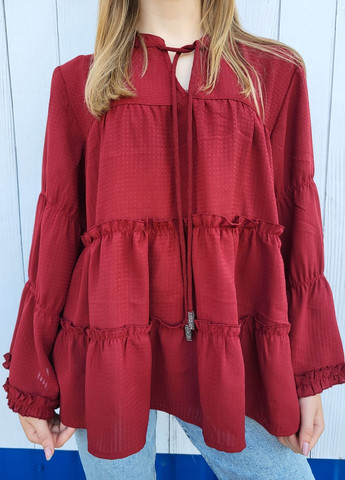 Бордовая блузка женская свободная с рюшами бордовая Pigalle
