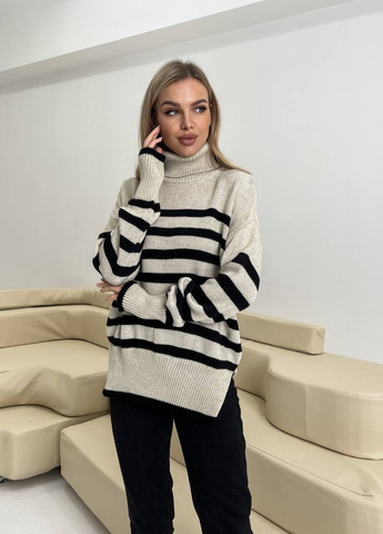 Женский полосатый свитер цвет бежевый/черный р.42/46 444013 New Trend (266494286)