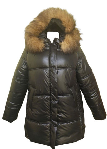 Черная зимняя теплая женская куртка украшена натуральным мехом No Brand