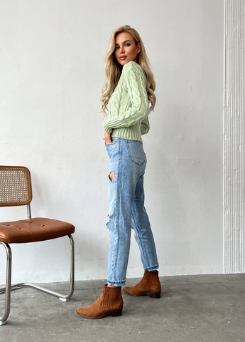 Жіночий светр укорочений з візерунком коси світло-зеленого кольору р.42/46 396785 New Trend (258967743)
