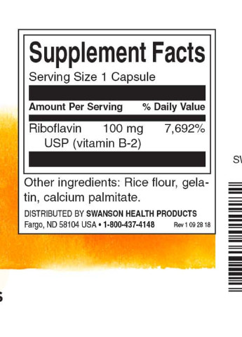 Riboflavin Vitamin B-2 100 mg 100 Caps Swanson (256722321)