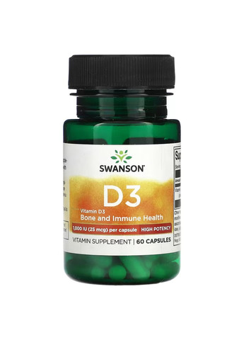 Витамин D3 Vitamin D3 High Potency 1,000 IU (25 мкг) - 60 капсул Swanson (271823055)