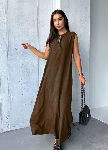 Коричневое кэжуал невероятно стильное длинное платье на завязках а-силуэт INNOE в горошек