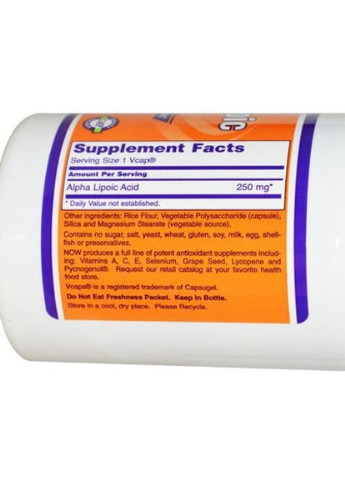 Alpha Lipoic Acid 250 mg 120 Veg Caps Now Foods (256724006)