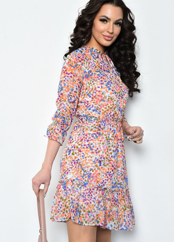 Персиковое кэжуал платье женское шифоновое персикового цвета с разноцветными узорами баллон Let's Shop с абстрактным узором
