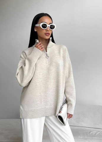 Жіночий светр із блискавкою із жаккардової в'язки колір світло бежевий р.42/46 441549 New Trend (263134212)