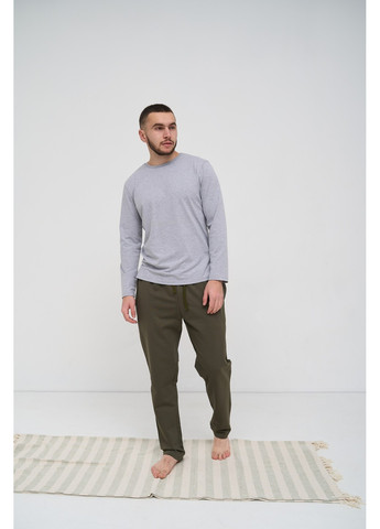 Пижама мужская COTTON BASIC лонгслив серый + штаны прямые хаки Handy Wear (275933817)