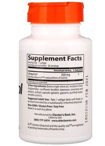 Ubiquinol with Kaneka 200 mg 30 Softgels DRB-00274 Doctor's Best (256721449)