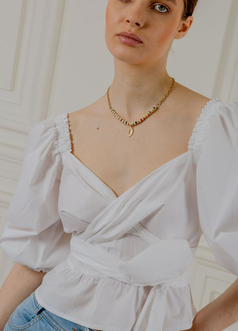 Белая летняя блуза с пышными рукавами талагасси на запах Dolcedonna