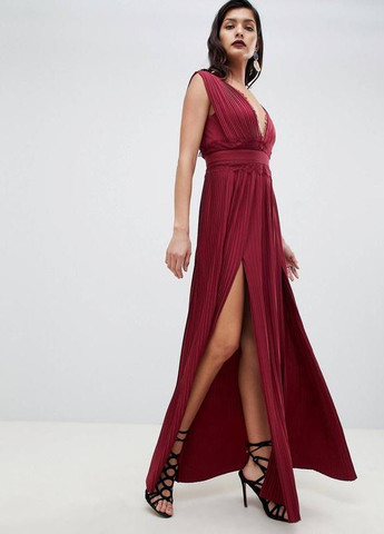 Бордовое плиссированное платье макси с кружевными вставками Asos