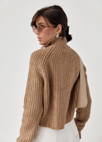 Светло-коричневый зимний женский вязаный свитер oversize с воротником на молнии - светло-коричневый Lurex